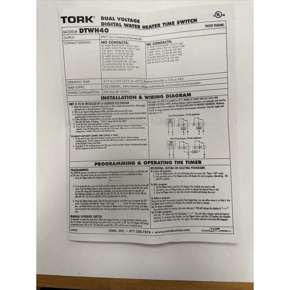 Tork DTWH40 Dual Voltage Digital Water Heater Time Switch w/Push Button 240V 20A